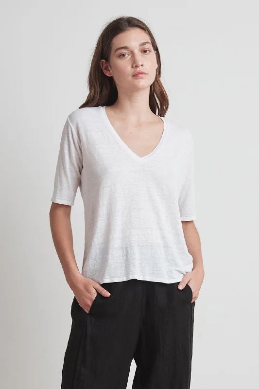 STEFANI LINEN KNIT V-NECK TEE Houndstooth Herringbone Solid