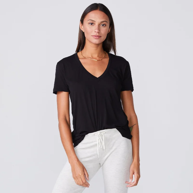 Super Fine Jersey Fitted V Neck Tee Welt Pockets Slit Pockets