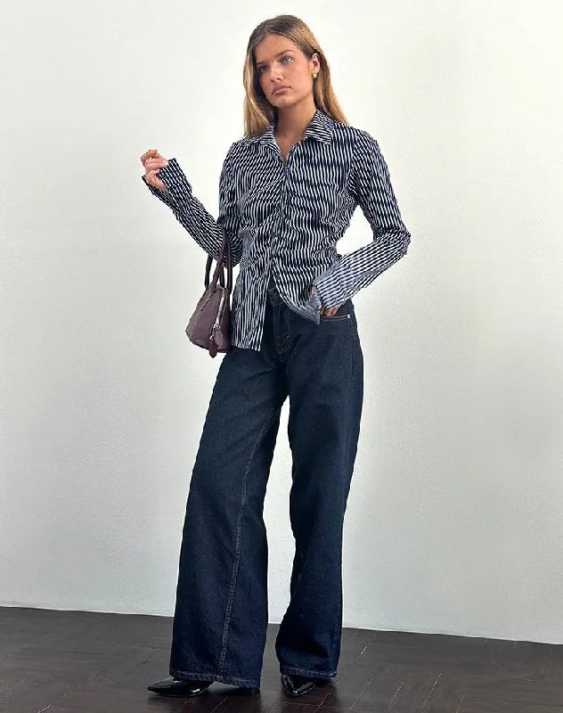Tarsi Fitted Shirt in Mono Stripe Navy Fashionable Draped Short Sleeve
