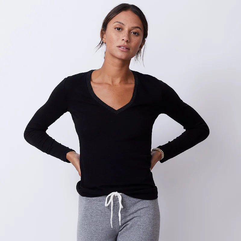 Textured Tri-Blend Fitted Long Sleeve V Neck Tee Silk Blend Satin Velvet
