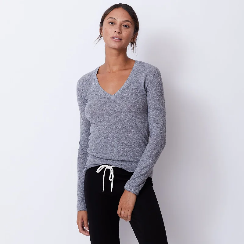 Textured Tri-Blend Fitted Long Sleeve V Neck Tee Beaded Sequined Faux Fur