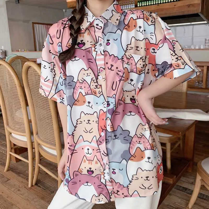 'Thousand Happy Cats' - Cat button up shirt Casual Cotton Short Shirt