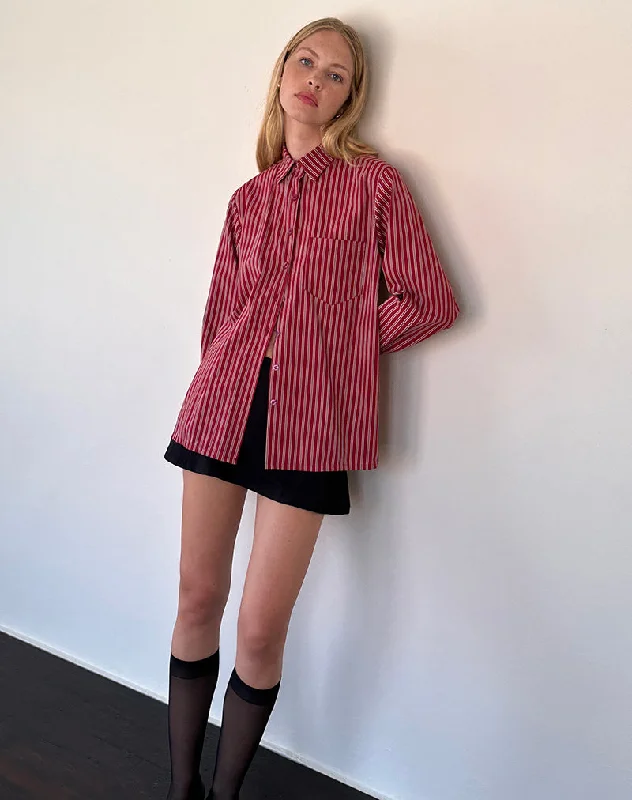 Turner Oversized Shirt in Maroon Stripe Cozy Printed Short Shirt
