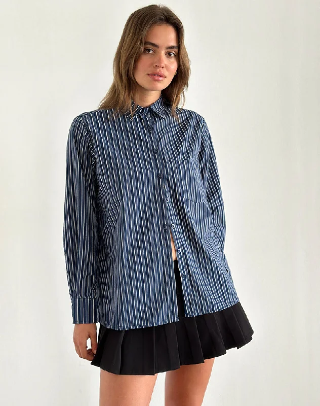 Turner Shirt in Dark Blue Indigo Stripe Comfortable Loose Short Sleeve