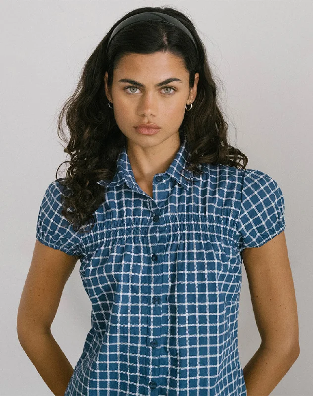 Ulsan Fitted Shirt in Navy Tartan Poplin Stylish Pleated Short Sleeve
