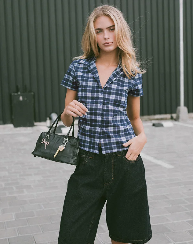 Wilman Shirt in Tartan Dark Blue Comfortable Ribbed Short Sleeve