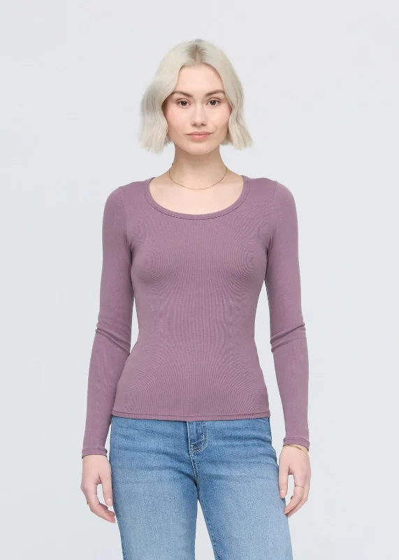 Ribbed Pima Long Sleeve Tee - Plum Boxy Fit Fitted Loose