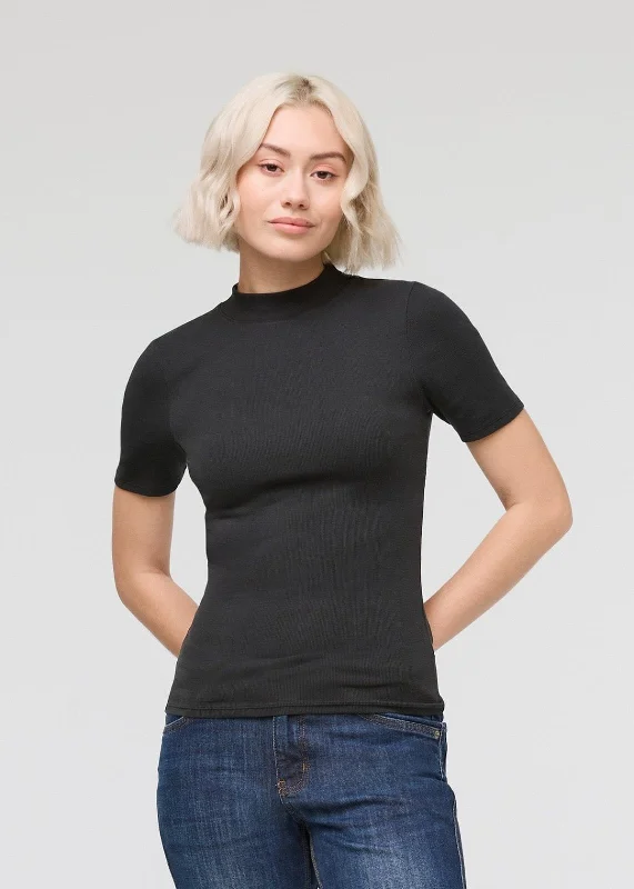 Ribbed Pima Mock Neck Tee - Black Hooded Caped Shawl Collar