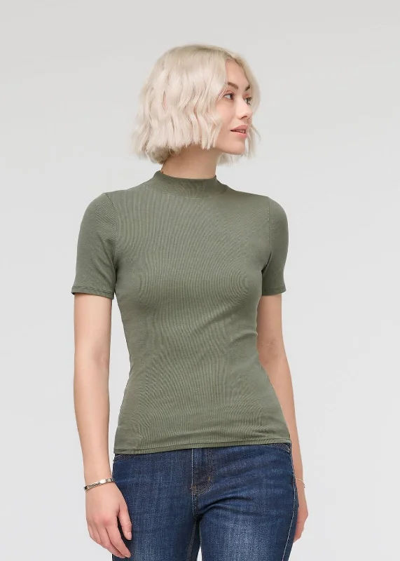 Ribbed Pima Mock Neck Tee - Clover Notch Collar Peter Pan Collar Cowl Neck
