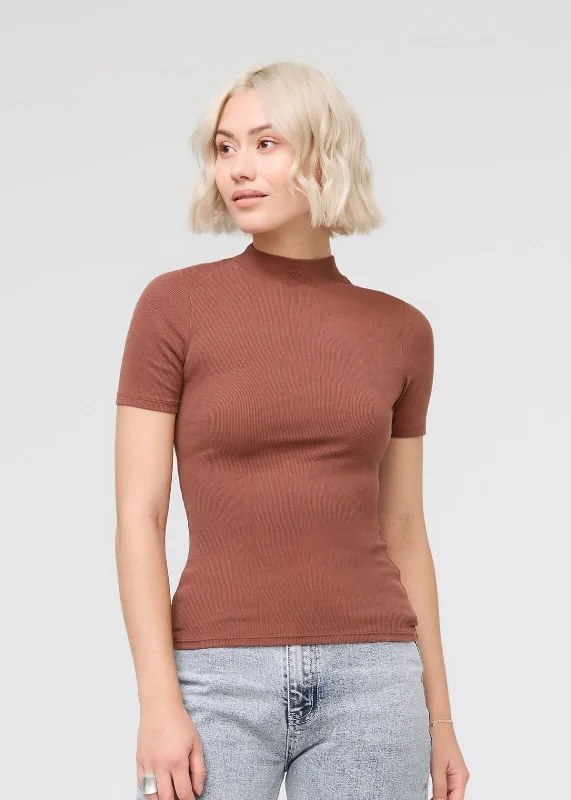 Ribbed Pima Mock Neck Tee - Rust Welt Pockets Slit Pockets