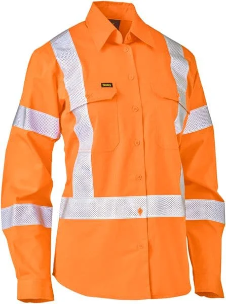 Bisley Women's Taped X Back Lightweight Hi Vis Drill Rail  Orange Shirt (BL6166XT) Casual Loose Short Sleeve