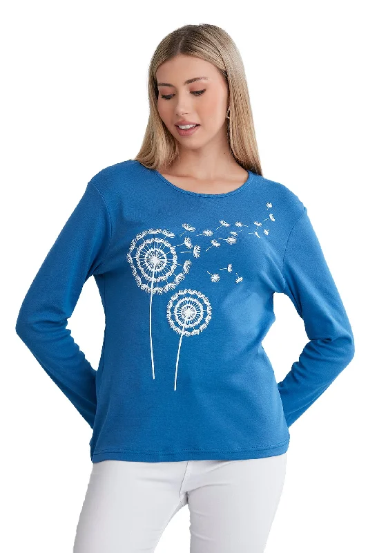 Long Sleeve Scoop Neck Shirt for Women in Dandelion Print, Soft Combed Cotton Comfort Comfortable Knit Short Shirt Long Sleeve Scoop Neck Shirt for Women in Dandelion Print, Soft Combed Cotton Comfort Comfortable Knit Short Shirt