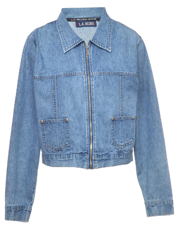 2000s Zip Front Denim Jacket - M Satin Fabric Silk Fabric Chiffon Fabric