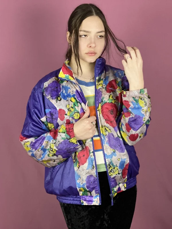 90s Adidas Vintage Women's Floral Windbreaker Jacket - L Purple Nylon Fleece Fabric Down Fabric Feather Fabric
