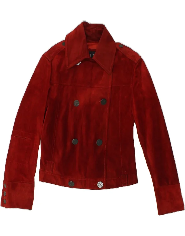 ARMANI JEANS Womens Double Breasted Suede Jacket UK 8 Small Red Leather Front Pockets Side Pockets Patch Pockets