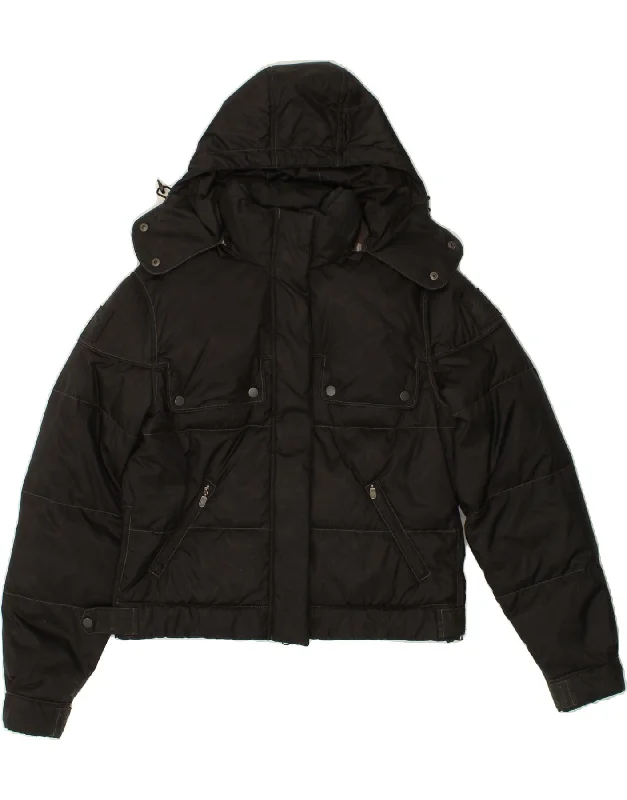 BELSTAFF Womens Crop Hooded Padded Jacket IT 46 Large Black Nylon Boat Neck Shawl Collar Notched Collar
