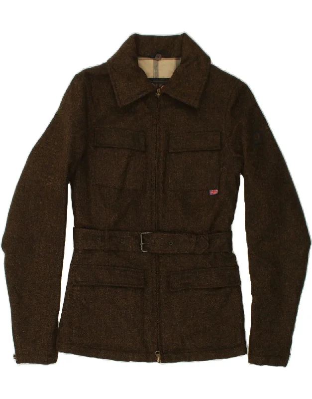 BELSTAFF Womens Utility Jacket IT 42 Medium Brown Flecked Cashmere Ribbed Jacket Pleated Jacket Ruffled Jacket