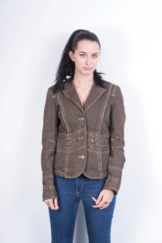 Biba Womens 12 M Blazer Top Suit Jacket Striped Brown Cotton Front Pockets Side Pockets Patch Pockets