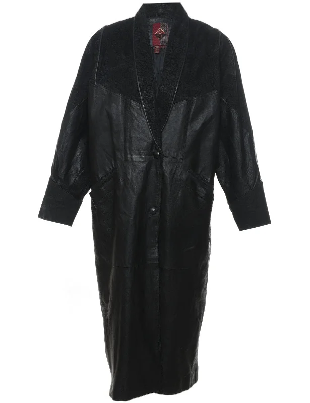 Black 1980s Button-Front Leather Jacket - L Nylon Fabric Polyester Fabric Spandex Fabric