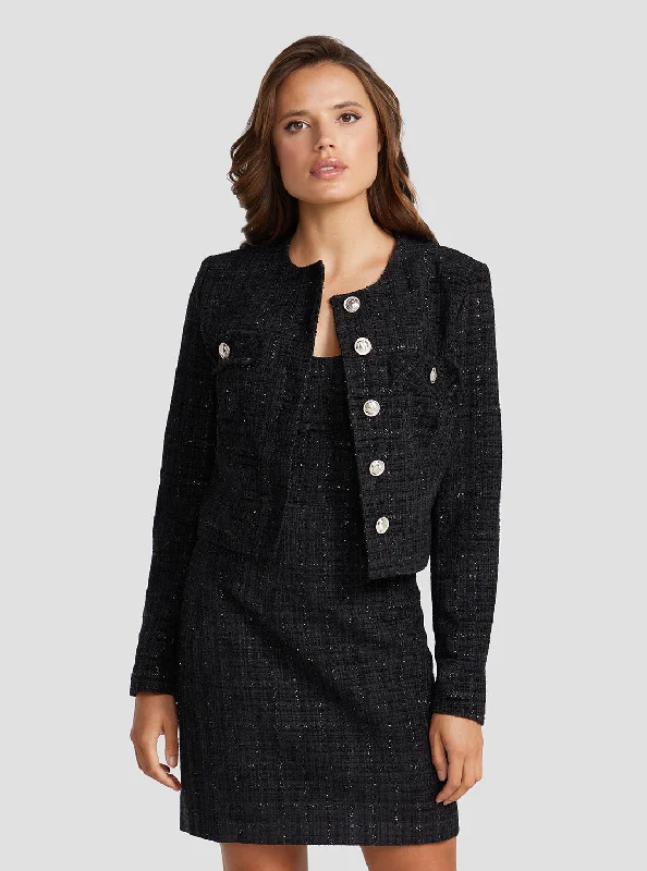 Black Alara Shimmer Tweed Jacket Print Jacket Jacquard Jacket Patchwork Jacket