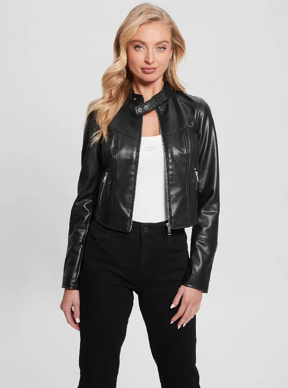 Black Anita Moto Jacket Snapped Jacket Toggled Jacket Drawstring Jacket