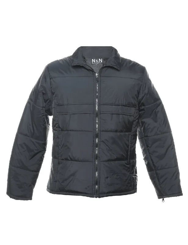 Black Classic Zip Front Puffer Jacket - L Insulated Jacket Fitted Jacket Loose Jacket