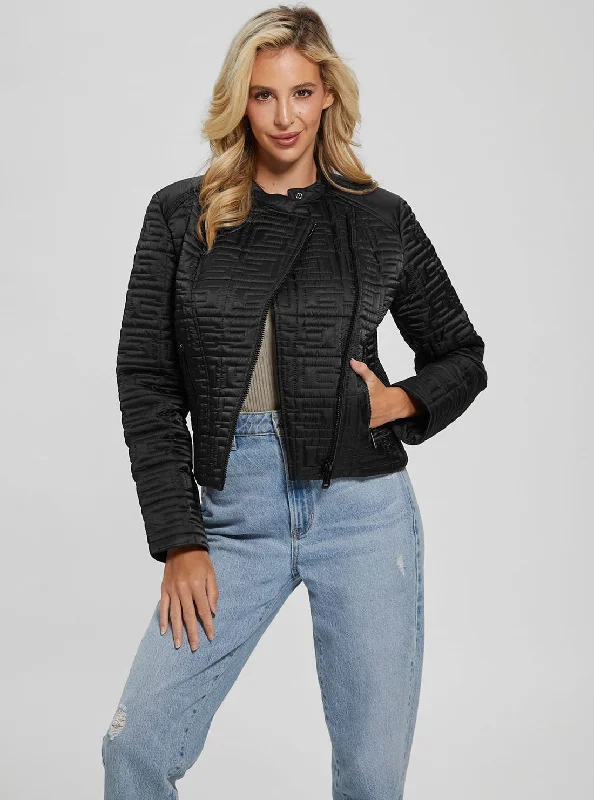 Black Marine Quilted Jacket Front Pockets Side Pockets Patch Pockets