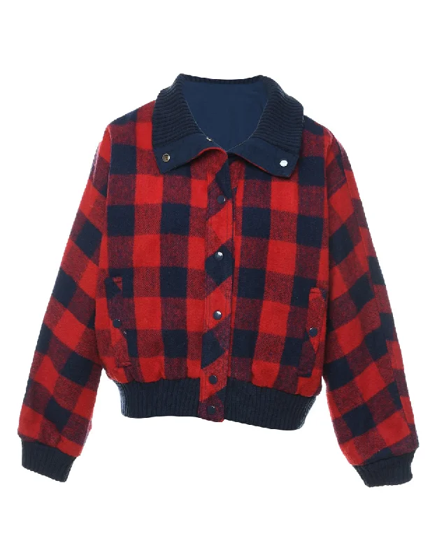 Checked Navy & Red Winter Wool Jacket - L