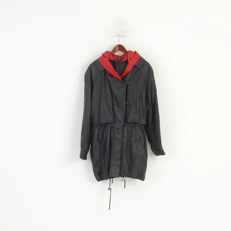 Vintage Women L Leather Jacket Black Red Hood Shoulder Pads Retro Style Parka Rayon Jacket Velvet Jacket Corduroy Jacket