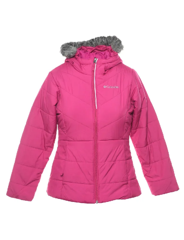 Columbia Pink Hooded Fur Trim Puffer Jacket - S Striped Jacket Polka Dot Jacket Floral Jacket