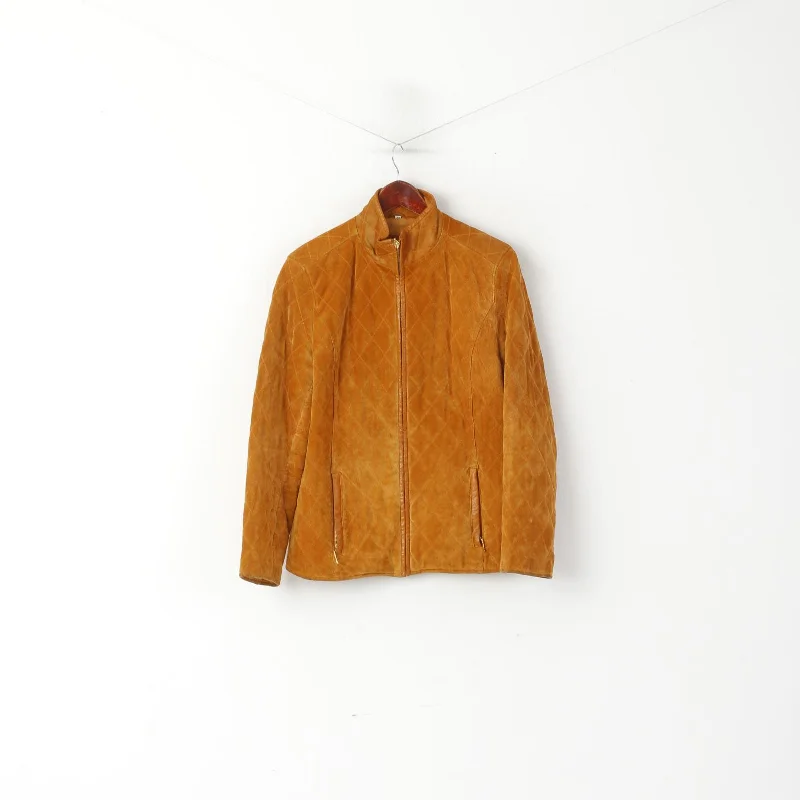 Leather Sound Wopmen 38 M Jacket Camel Pig Suede Vintage Full Zip Shoulder Pads Top Jacket Blazer Coat
