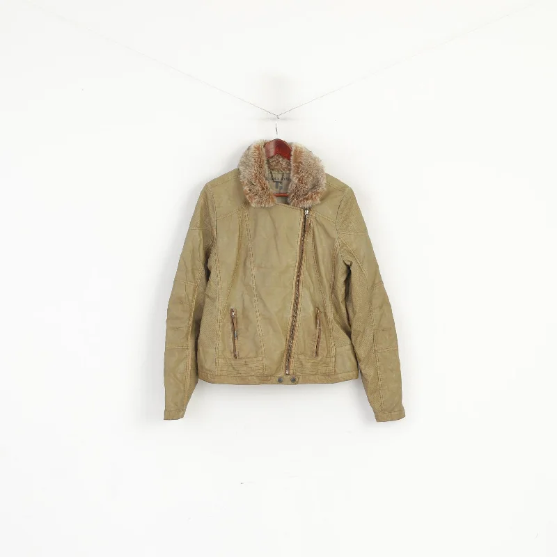 Garcia Jeans Women XL Jacket Khaki Ramones Biker Zip Up Detachable Collar Top Trench Coat Raincoat Waterproof Jacket