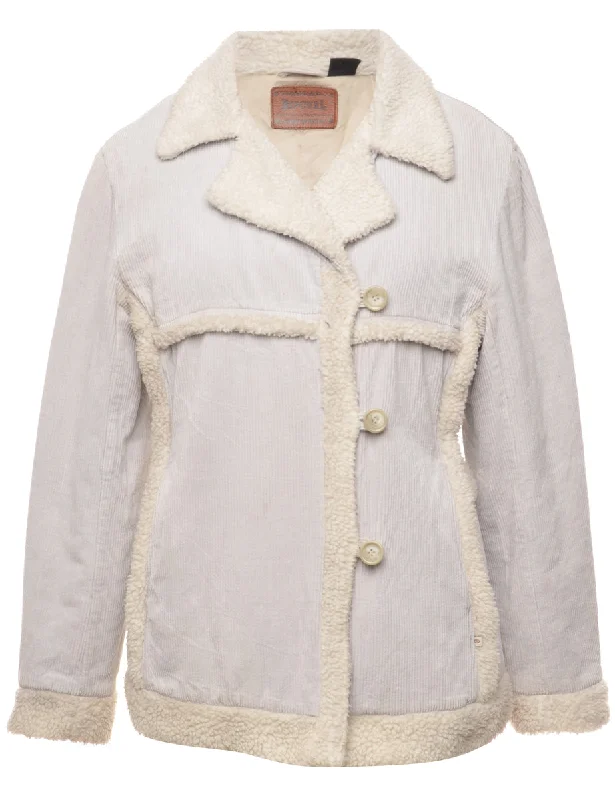 Corduroy Light Grey Faux Shearling Lined Jacket - L Knit Fabric Woven Fabric Fleece Fabric