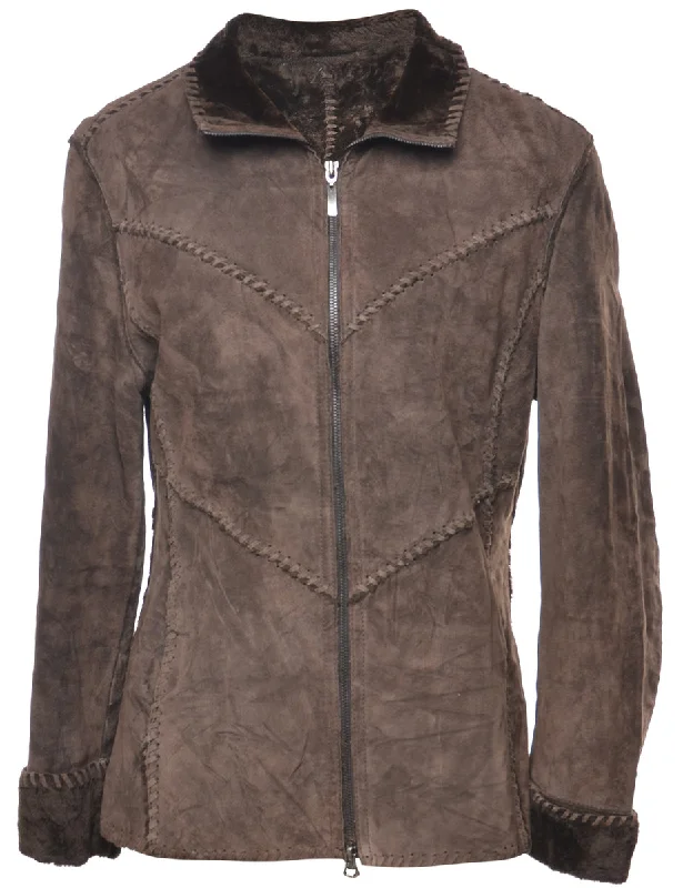 Dark Brown Shearling Lined Jacket - M Wool Fabric Cashmere Fabric Tweed Fabric