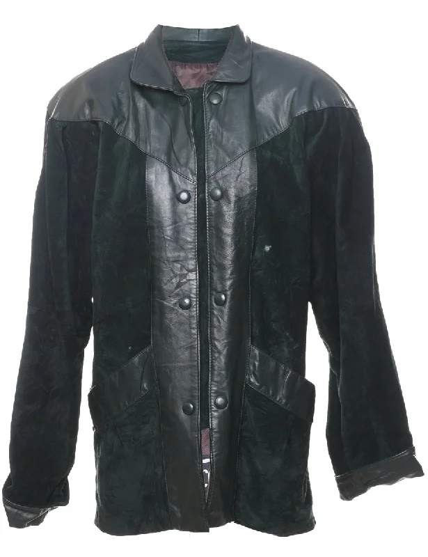 Dark Green Suede & Leather Contrast Panel Jacket - S Collared Jacket Crew Neck Jacket Turtle Neck Jacket Dark Green Suede & Leather Contrast Panel Jacket - S Collared Jacket Crew Neck Jacket Turtle Neck Jacket