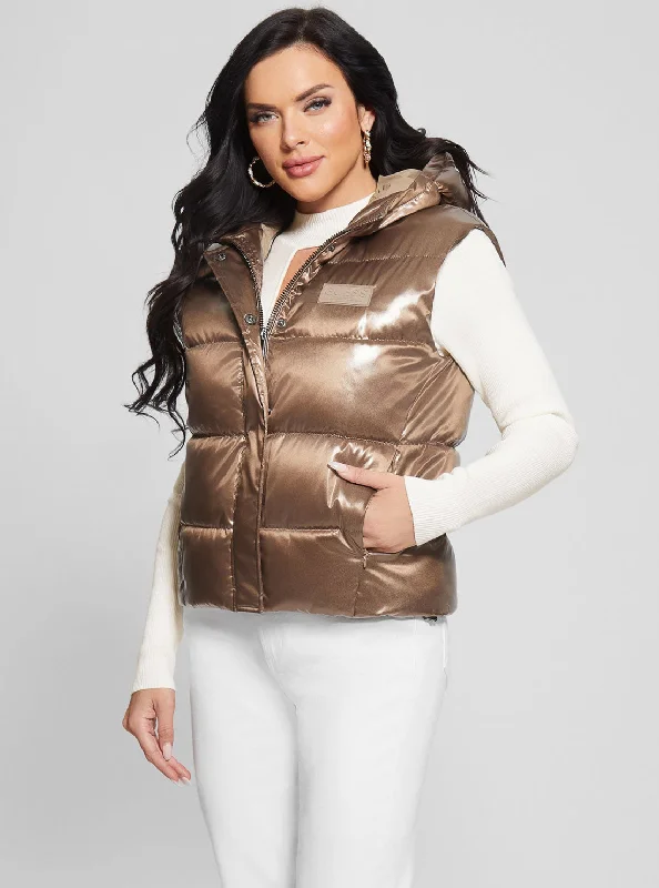 Eco Bronze Noemi Puffer Vest Jacket Satin Fabric Silk Fabric Chiffon Fabric