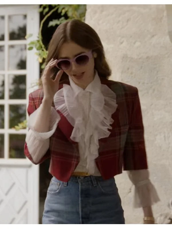 Emily Cooper Emily In Paris Red Plaid Jacket Snapped Jacket Toggled Jacket Drawstring Jacket