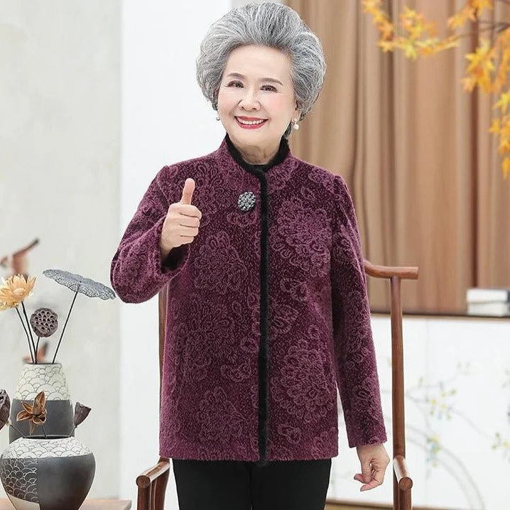 Floral Mink Cashmere Tang Suit Traditional Chinese Jacket Mother's Coat Wool Jacket Cashmere Jacket Tweed Jacket