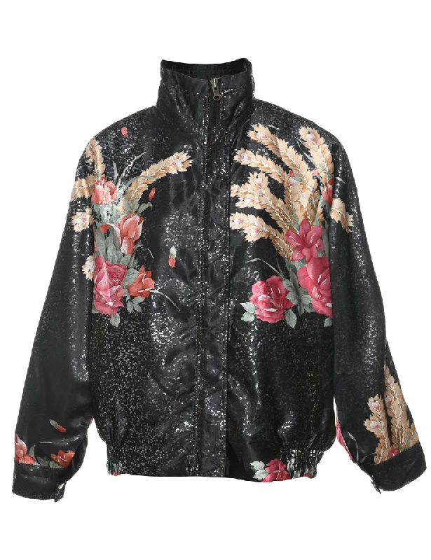 Floral Pattern Black & Multi-Colour Sparkly Jacket - L V-Neck Jacket Boat Neck Jacket Square Neck Jacket