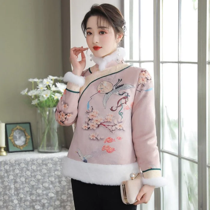 Floral Suede Fur Edge Women's Chinese Style Jacket Wadded Coat Front Pockets Side Pockets Patch Pockets