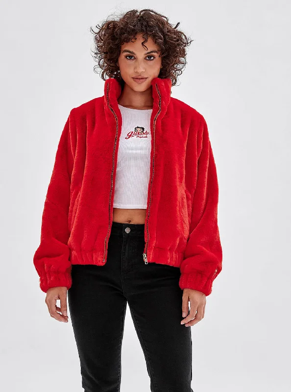 Guess Originals x Betty Boop Red Faux Fur Jacket Welt Pockets Slit Pockets Flap Pockets