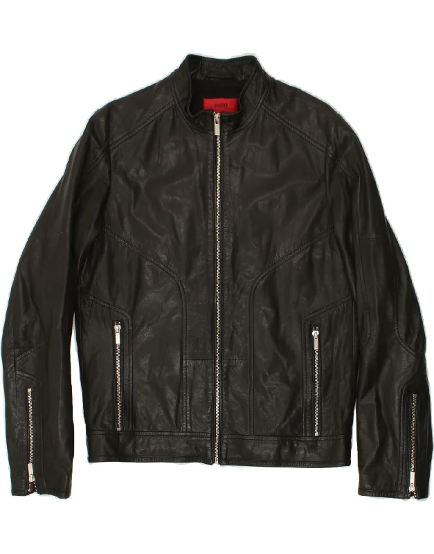 HUGO BOSS Womens Leather Biker Jacket UK 14 Medium Black Boat Neck Shawl Collar Notched Collar