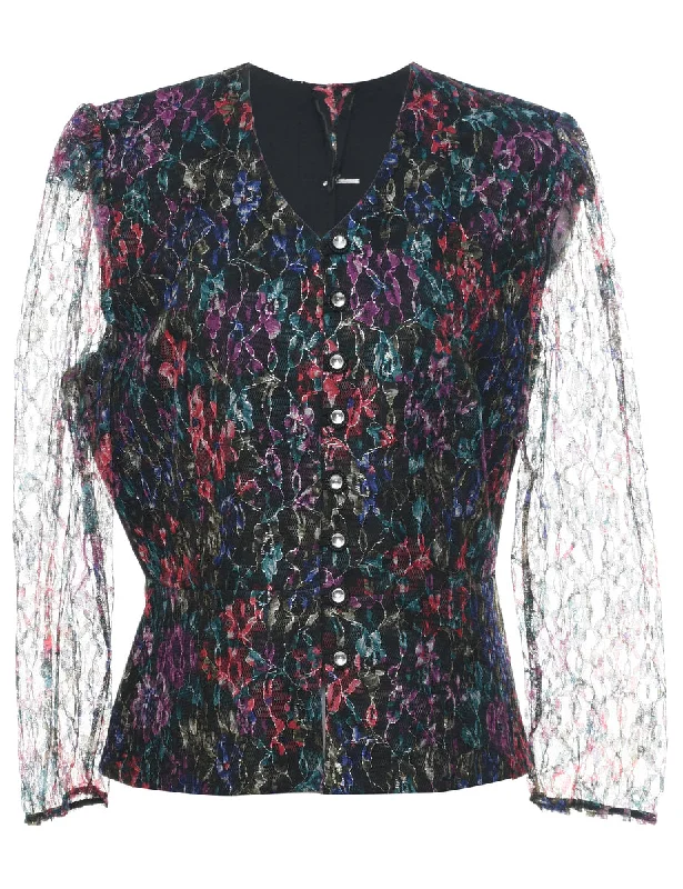 Lace Floral Pattern Jacket - L Welt Pockets Slit Pockets Flap Pockets