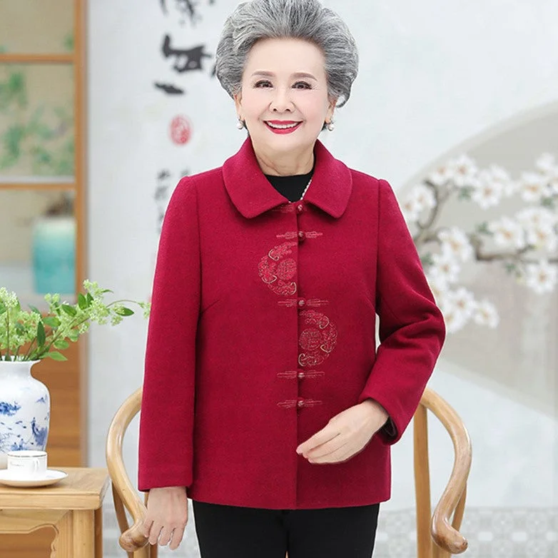 Lapel Collar Auspicious Embroidery Woolen Tang Suit Traditional Chinese Jacket Mother's Coat Tailored Jacket Straight Jacket A-Line Jacket