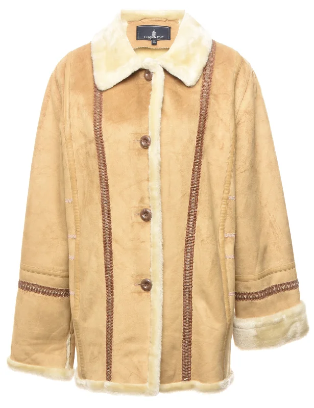 London Fog Light Brown Shearling Faux Suede Jacket - M A-Line Jacket Boat Neck Shawl Collar