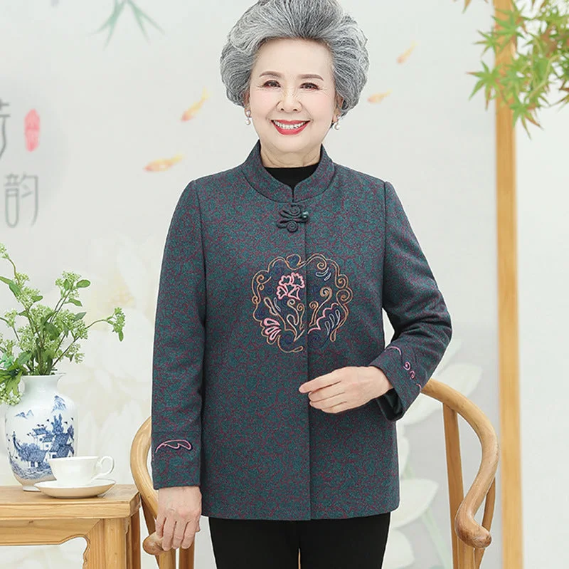 Mandarin Collar Floral Embroidery Woolen Tang Suit Traditional Chinese Jacket Mother's Coat Knit Fabric Woven Fabric Fleece Fabric