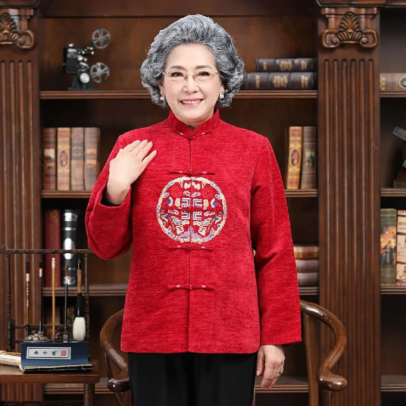 Mandarin Collar Auspicious Embroidery Corduroy Traditional Chinese Jacket Mother Coat Striped Jacket Polka Dot Jacket Floral Jacket