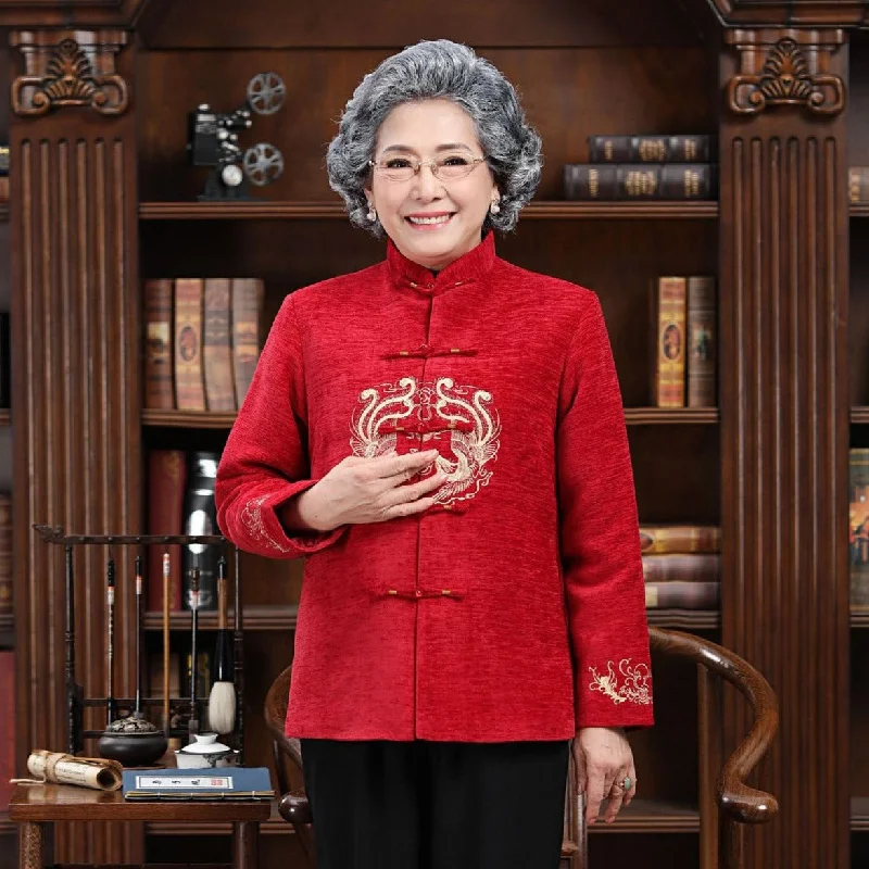 Mandarin Collar Phoenix Embroidery Corduroy Traditional Chinese Jacket Mother Coat Welt Pockets Slit Pockets Flap Pockets