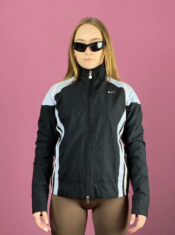 Nike Vintage Women's Windbreaker Jacket - M Black Polyester Belted Jacket Elasticated Jacket Padded Jacket