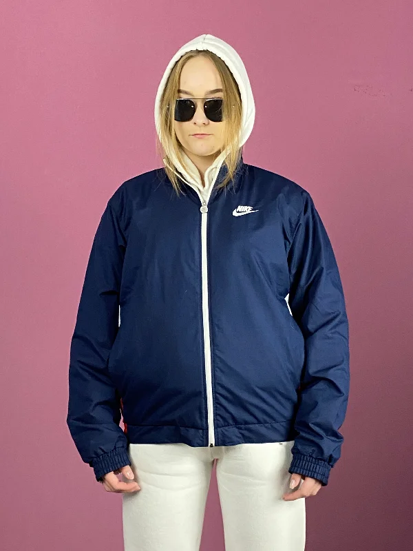 Nike Vintage Women's Windbreaker Jacket - S Navy Blue Polyester Striped Jacket Polka Dot Jacket Floral Jacket